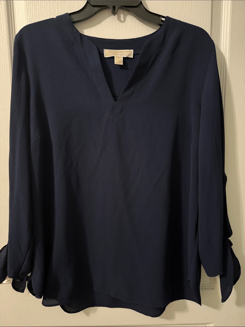 Michael Kors Dark Navy V-Neck Tie-Sleeve Blouse Suze Large
